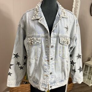 P. Cill • Pearl Embellished Oversized Denim Jacket